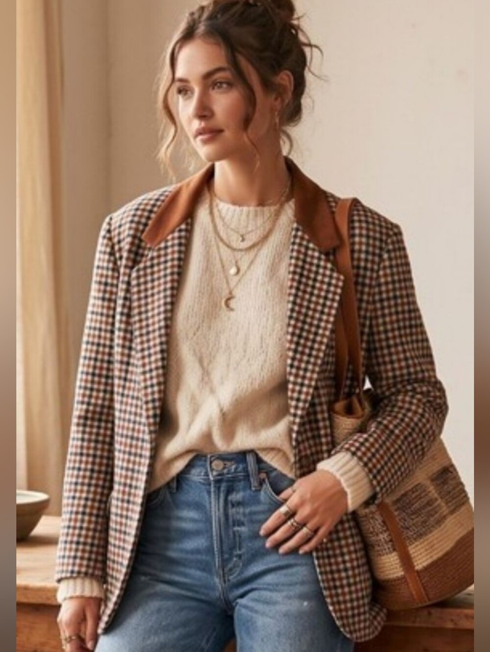 Vintage Wool Plaid Blazer 10 Suede Collar Oversized English Country Equestrian